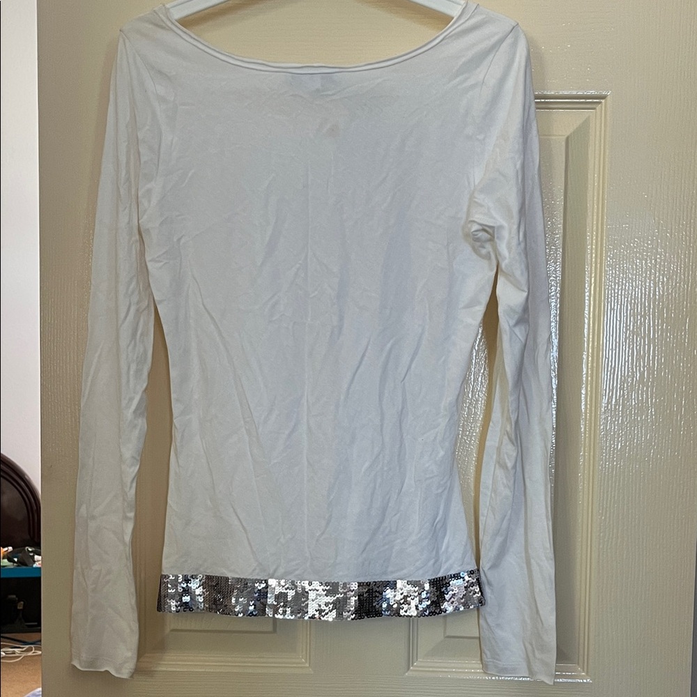 Express White Long Sleeve Top with Silver Sequin Detail - Picture 2 of 6